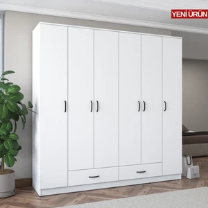 BA134 Geniş Gardırop Elbise Dolabı 6 Kapaklı 2 Çekmeceli 14 Raflı 2 Askılı Beyaz