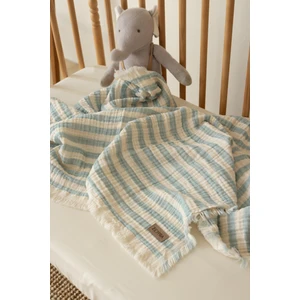 Mavi Çizgili 4kat Müslin Battaniye Püsküllü 4 Katlı Müslin 110X110CM