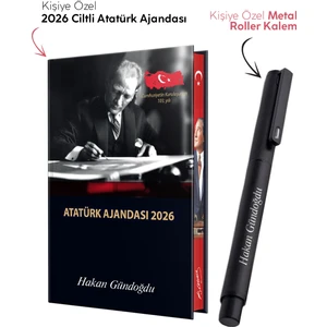 Kişiye Özel 2026 Atatürk Ciltli Ajanda ve Metal Roller Kalem