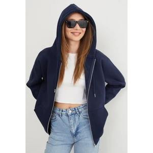 Basic Fermuarlı Kapüşonlu Oversize Sweatshirt