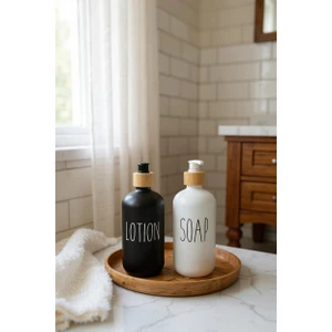 2'li Siyah-Beyaz Bambu Stantlı Sıvı Sabun