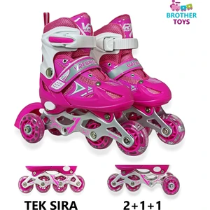 Brother Toys Çocuk Pateni Işıklı Çantalı Numara Ayarlanabilen Tek Sıra ve 2+1+1 Teker Paten Pembe Small 30-33