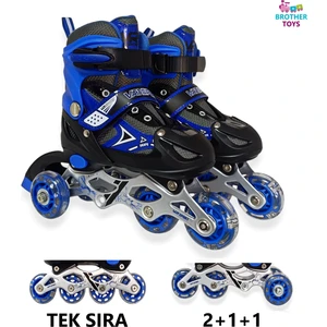 Brother Toys Çocuk Pateni Işıklı Çantalı Numara Ayarlanabilen Tek Sıra ve 2+1+1 Teker Paten Mavi Small 30-33