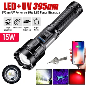 15W LED + Uv El Feneri 3000MAH Şarjlı 9 Mod Zoom Powerbank Özellikli Suya Dayanıklı Fener