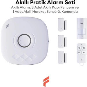 Akıllı Pratik Alarm Seti; Akıllı Alarm, 3x Akıllı Kapı Pencere ve 1x Akıllı Hareket Sensörü, Kumanda