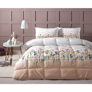 Çift Kişilik Pamuk-Polyester Uyku Seti 195x215 cm Spring Garden Somon Çiçek Desenli, Makinede Yıkanabilir Konforlu Tasarım