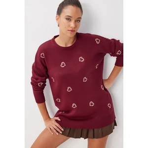 Kalp Nakışlı Oversize Triko Kazak LNX0002 Bordo