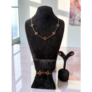 Bordo Beş Yapraklı Yonca Paslanmaz Çelik Takı Seti CNS105