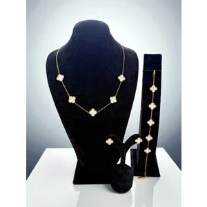 Altın Beyaz Yapraklı Yonca Çelik Takı Seti CNS094