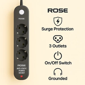 3'lü / 2 metre Akım Korumalı Priz Topraklamalı ve Çocuk Korumalı Anahtarlı Anti-Statik 