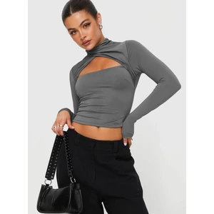 Kadın Uzun Kollu Cut Out Bluz – Çapraz Yaka, Crop Fit, Esnek Kumaş