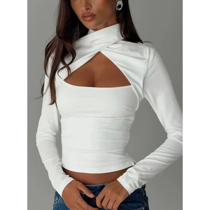 Kadın Uzun Kollu Cut Out Bluz – Çapraz Yaka, Crop Fit, Esnek Kumaş