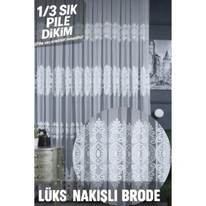 Desenli Tül Perde Ekru Brillant, Ağır Nakışlı Sık Pileli Brode Tül Perde,kırışmaz,ütü Istemez