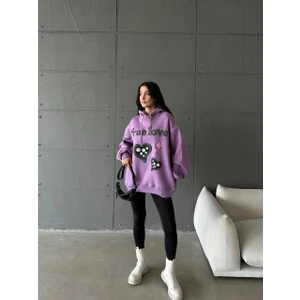 3 Iplik Şardonlu Oversize Compact True Baskılı Sweat Mor