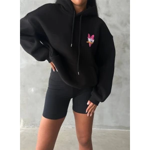3 Iplik Şardonlu Oversize Compact Ördek Baskılı Sweat Siyah