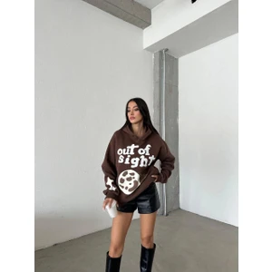3 Iplik Şardonlu Oversize Compact Out Of Baskılı Sweat Kahve