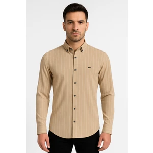 Beyaz Çizgili Likralı Gömlek Bej