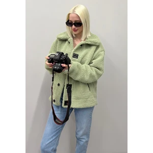 Yeşil Deri Detaylı Kadın Peluş Mont MG2485