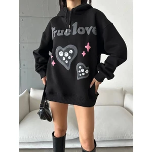 3 Iplik Şardonlu Oversize Compact True Baskılı Sweat Siyah
