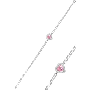 Söğütlü Silver Kadın Kalp Model 925 Ayar Gümüş Bileklik – Pembe Taşlı, Rodyum Kaplama ve Pırlanta Montürlü Zarif Tasarım