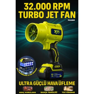7go 7GAB01 21V Kablosuz Hava Üfleyici | 32.000RPM Turbo Fan, 12.000MAH Batarya, Bahçe & Araç Kurutma, Toz Temizleme