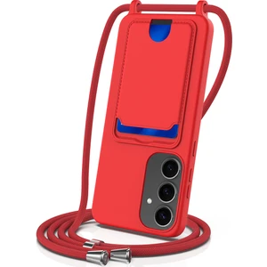 Digital Computer Home Samsung Galaxy S25 Kılıfı Sıvı Silikon Kart Tutucu Telefon Arka Kapağı Kordonlu-Kırmızı (Yurt Dışından)
