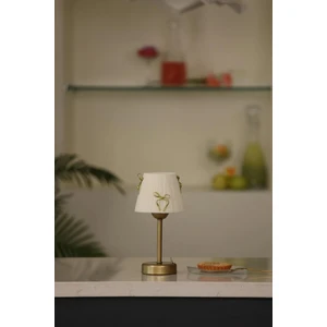 Krem Kadife Süet Gold Fiyonk Kurdele Kablosuz Pilli Masa Lambası - Alt Uzun Eskitme Gold