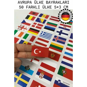 Avrupa Ülkeleri Bayrak Sticker Seti 50 Adet 5x3 cm Araç Laptop Valiz Kask Defter Kaliteli Etiket