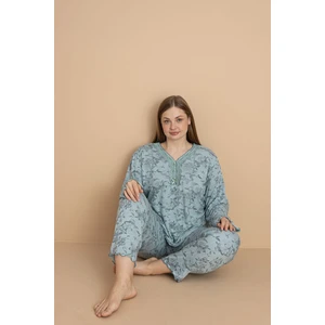 Kadın Büyük Beden Desenli Yakası Düğmeli Uzun Kollu Bambu Pijama Takımı