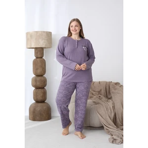 Kadın Kışlık Büyük Beden Curve Nakışlı Desenli Yakası Düğmeli Uzun Kollu Pijama Takımı