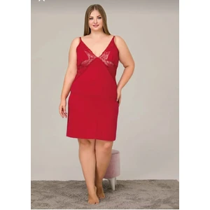 Kadın Büyük Beden Kırmızı Dantel Detaylı Örme Penye Likralı Gecelik