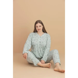 Kadın Büyük Beden Desenli Yakası Düğmeli Uzun Kollu Bambu Pijama Takımı