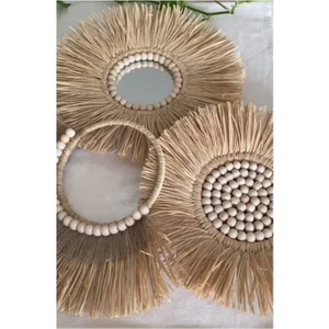 3 Lü Boncuklu Aynalı Duvar Süsü Rafya