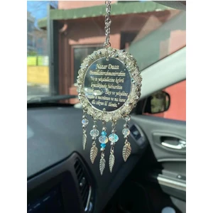 Yeni Nazar ve Ayetel Kürsü Duası Hediyelik Metal Yapraklı Kristal Boncuklu Araç Dikiz Aynası Süsü