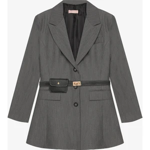 Kemerli Çanta Aksesuarlı Blazer Ceket Elbise Gri