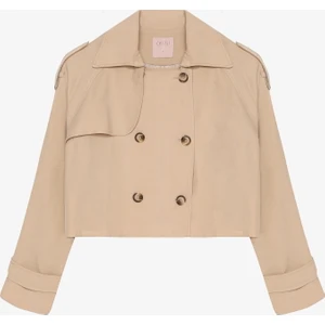 Çift Düğmeli Kruvaze Yaka Kısa Trençkot Bej