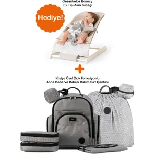 Kişiye Özel Çok Fonksiyonlu Anne Baba ve Bebek Bakım Sırt Çantası - Grey + Bouncy Ana Kucağı Hediye