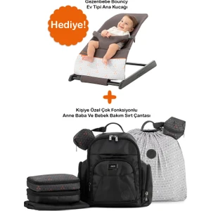 Kişiye Özel Çok Fonksiyonlu Anne Baba ve Bebek Bakım Sırt Çantası - Black + Bouncy Ana Kucağı Hediye