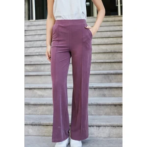 Kadın Modal Ipeksi Likralı Kumaş Yüksek Bel Önden Dikişli Cepli Bol Paça Palazzo Pantolon-Bordo