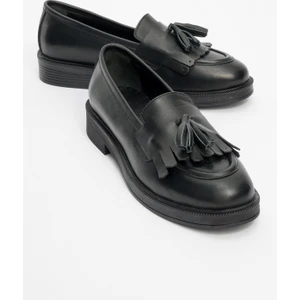 Milina Siyah Cilt Püsküllü  Deri Kadın Loafer Ayakkabı