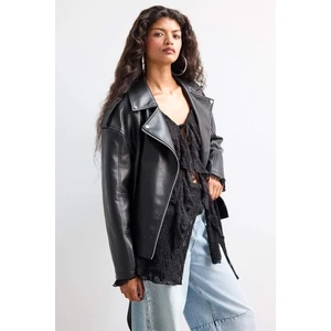 Oversize Geniş Kalıp Fermuarlı Suni Deri Ceket Mont E8534AX25AU