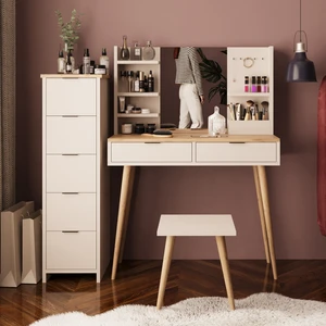 U4060 Bella Makyaj Masası Seti 5+2 Çekmeceli Dolaplı Tabureli Kumtaşı-Sepet