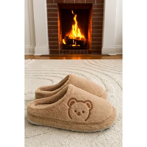 Fluffy Ayıcık Desenli Kadın Ev Terliği Kışlık Yünlü Terlik Ses Yapmayan Içi Yünlü Günlük Rahat Terlik