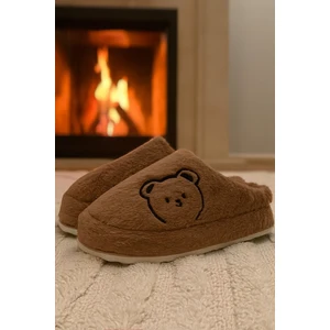 Fluffy Ayıcık Desenli Kadın Ev Terliği Kışlık Yünlü Terlik Ses Yapmayan Içi Yünlü Günlük Rahat Terlik