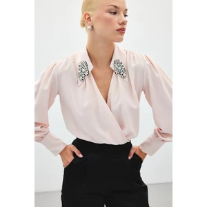 Aksesuar Detaylı Bodysuit Bluz - Pudra