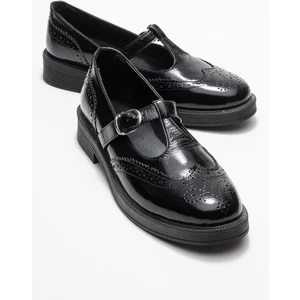 Janney Siyah Rugan Hakiki Deri Bantlı Kadın Loafer Ayakkabı