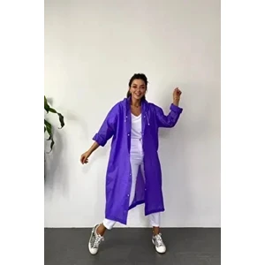 Butik Gardrop Kadın Oversize Mor Şeffaf Yağmurluk Çıt Çıt Detaylı Kapüşonlu Tasarım