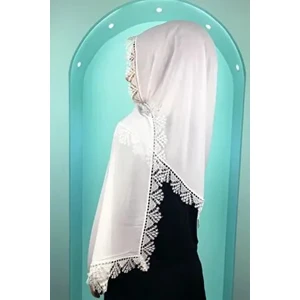Kadın Minacarin Şifon Dantelli Iğne Oyalı Ekru Tesettür Namaz Mevlüt Örtüsü Abiye Şal