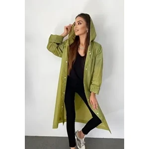 Butik Gardrop Kadın Haki Çıt Çıt Detaylı Şeffaf Yağmurluk Oversize Kapüşonlu Tasarım
