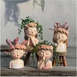 Dekoratif 4'lü Sevimli Kızlar Sukulent ve Kaktüs Saksı Seti